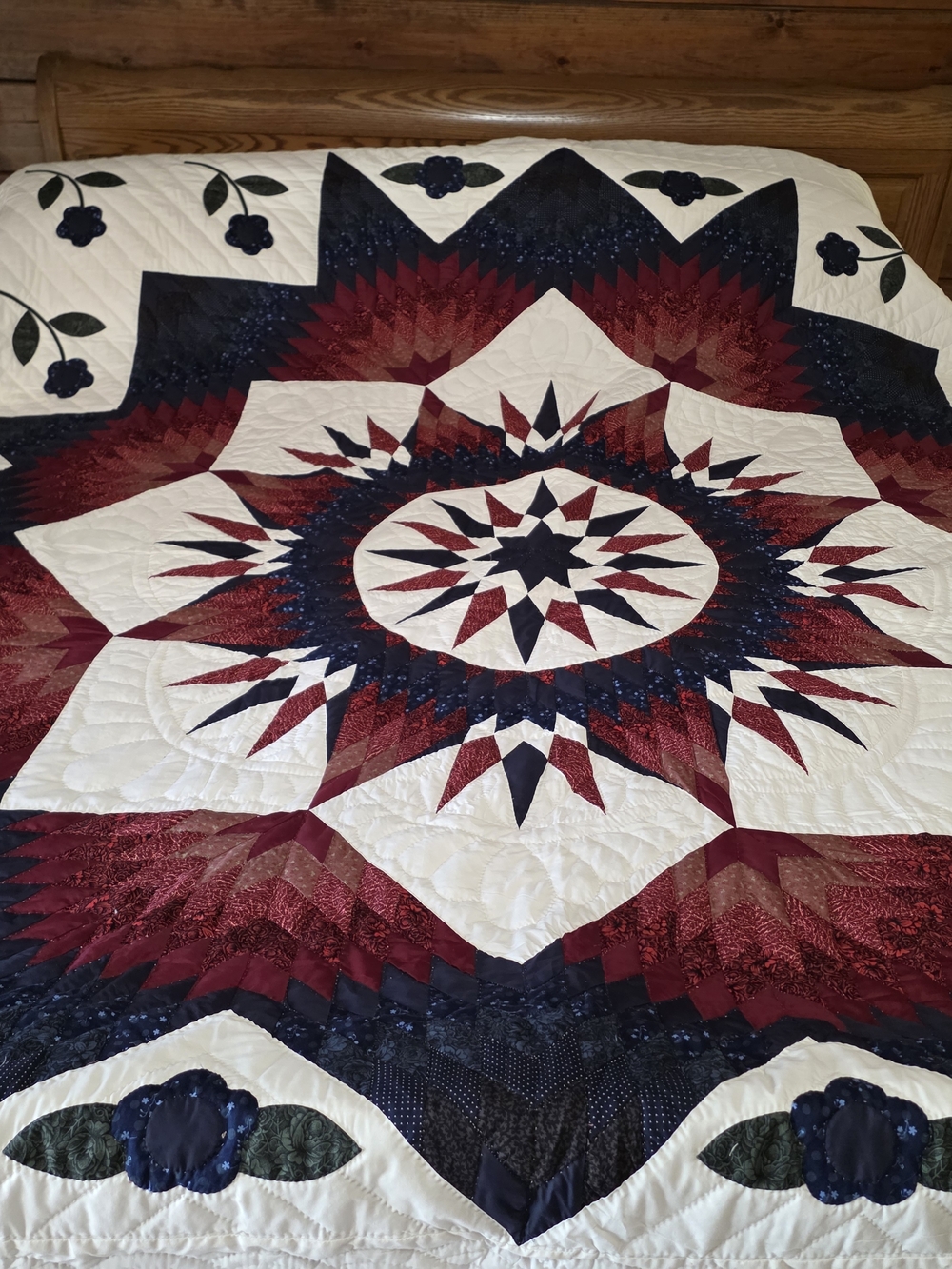 Handmade Starburst Patchwork Quilt in Burgundy, Navy and White